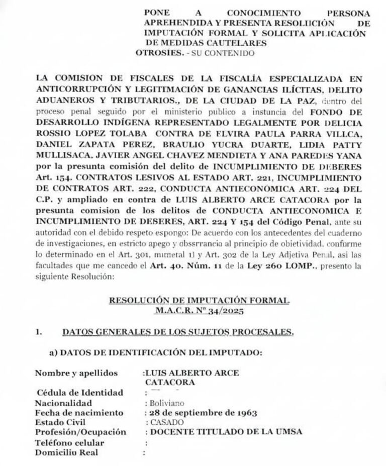 Arce no tiene visitas y Fiscalía pide tres meses de detención preventiva